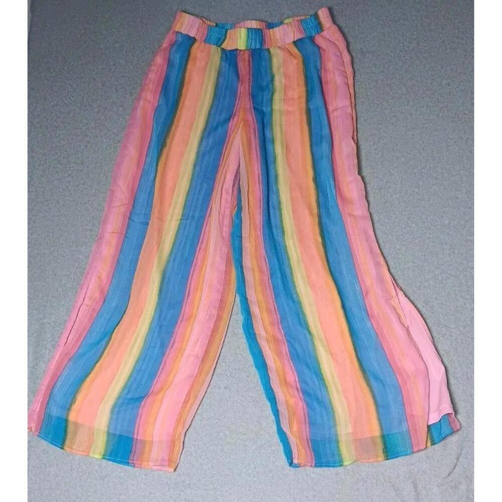 Cato Wide Leg Pants Womens Size Large Rainbow Stripes Pastel Watercolor Sheer...